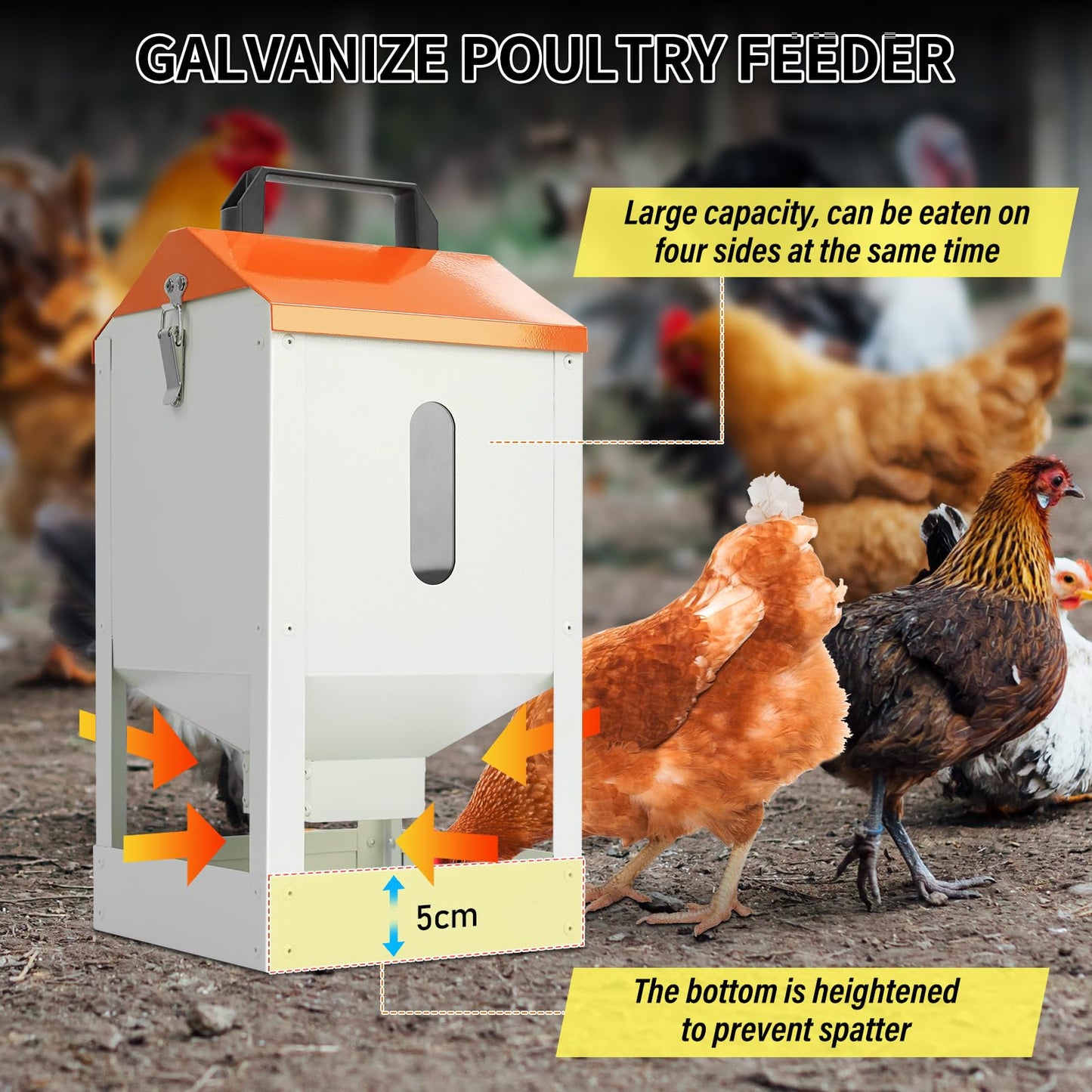 Galvanized Wall Mount Chicken Feeder No Waste Hanging Chicken Feeder with Lid Metal Automatic Poultry Feeder Trough Food Dispenser No Spill Mess Free for Chicken Duck Quail Geese Turkey
