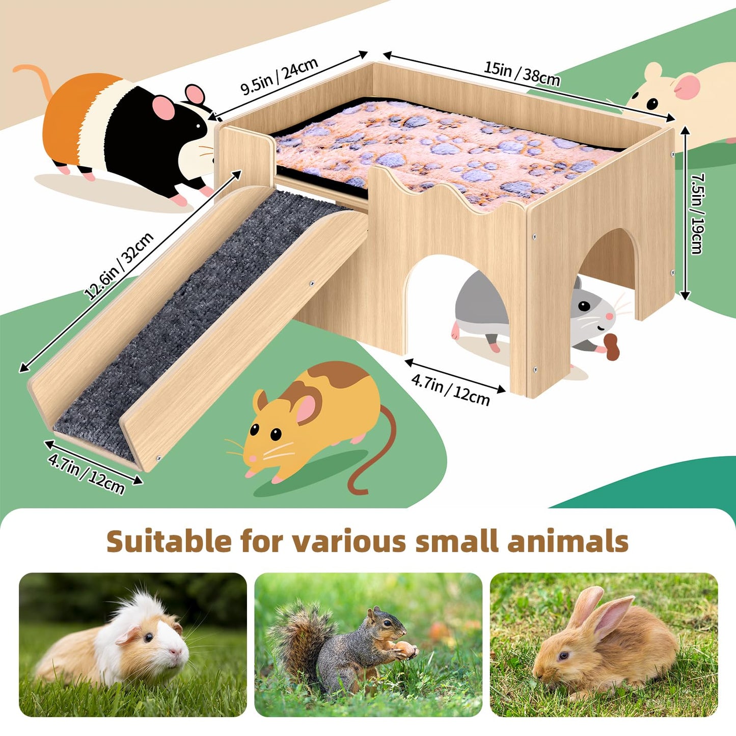 Large Guinea Pig Castle, Sturdy Wooden Small Animal Bed Platform, Upgraded Wooden Guinea Pig Castle with Anti-Slip Stairs, Easy to Assemble, Perfect for Hamsters and Rabbits to Play and Hide