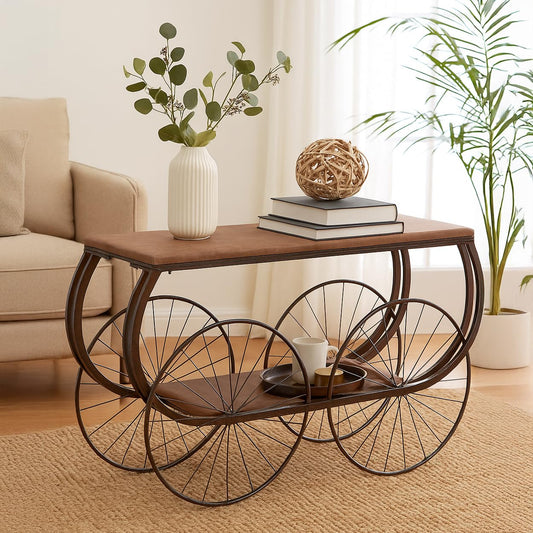 Vintiquewise Industrial Wagon Style Console Table Rustic Wood Top Large Spoke Metal Wheels & Lower Storage Shelf Vintage Accent Display Table for Hallway Entryway Dining Room Living Room or Home Bar