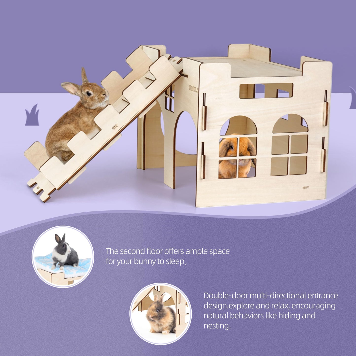 HIIMALEX Extra Large Sturdy Bunny Hideout Wooden Rabbit Castle with Ramp Indoor House Habitat for Rabbits Hamsters Guinea Pigs Ferrets Bunnies