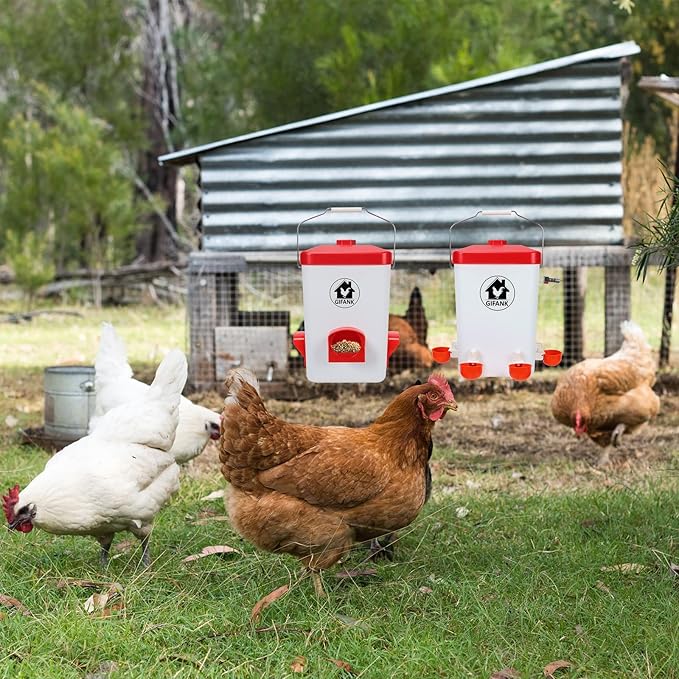 Chicken Feeder and Chicken Waterer Set Automatic Chicken Feeder Hanging Poultry Waterer 3 Gallon with Waterer Nipples and Feeding Ports,Chicken Coop Accessories