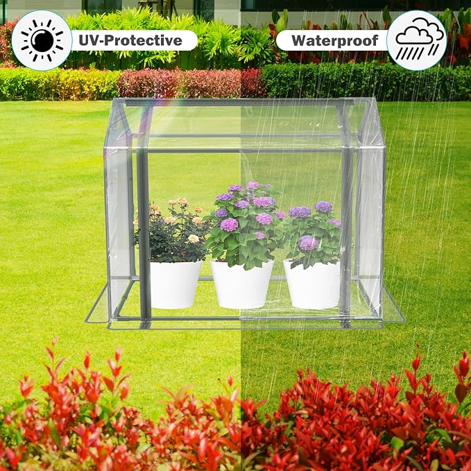 Esbaybulbs Mini Greenhouse with PVC Cover and Roll-Up Zipper Door, 33.5'L x 23.2'W x 32.5'H, Transparent, Steel Frame, Roll-Up Door, Garden Greenhouse