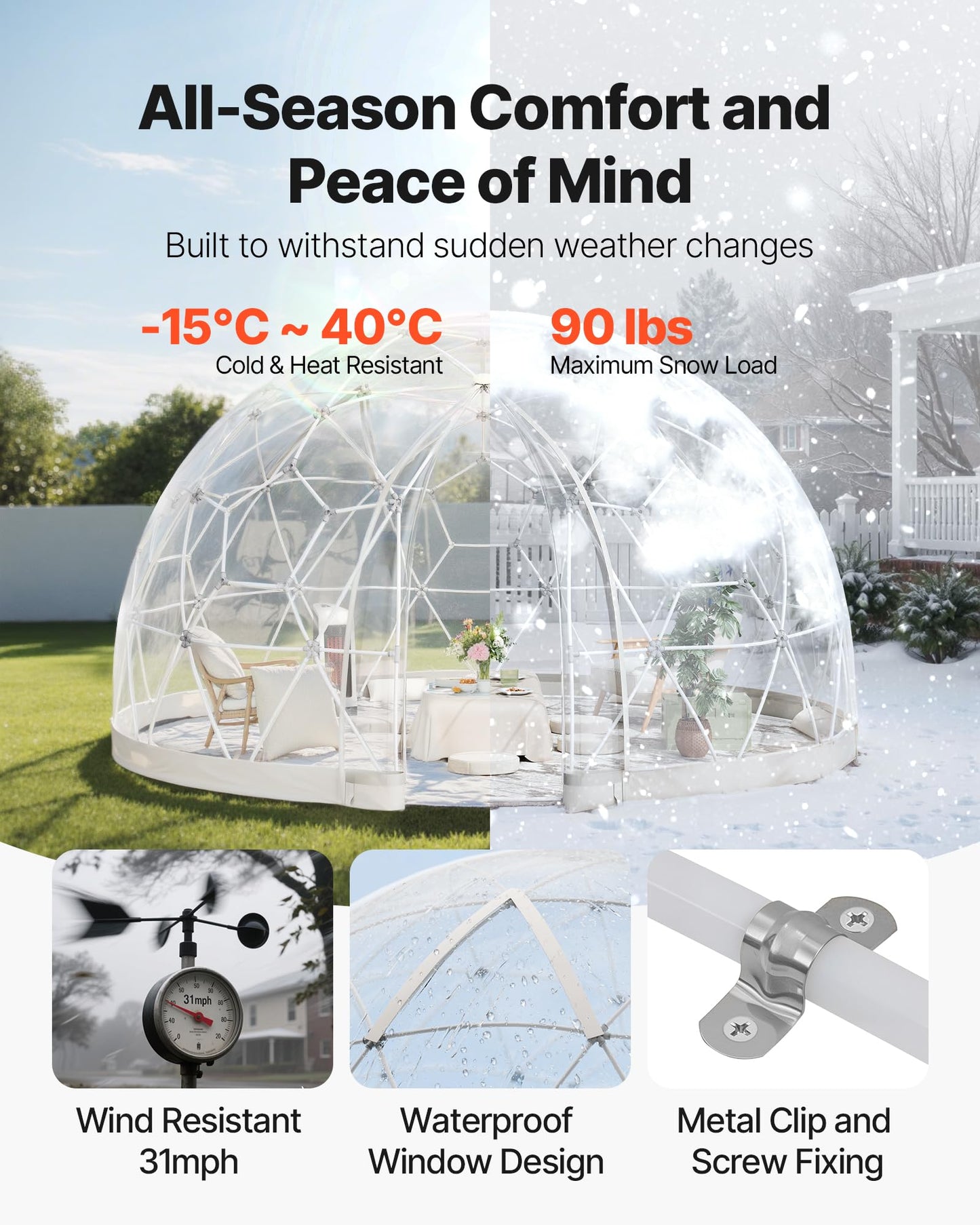 VEVOR Garden Dome Tent, 9.5 x 5.7 ft Outdoor Clear Bubble Tent for 2-4 Person, Weatherproof Geodesic Dome Greenhouse with Window, PVC Transparent Tents for Backyard Patios Camping Party Wedding
