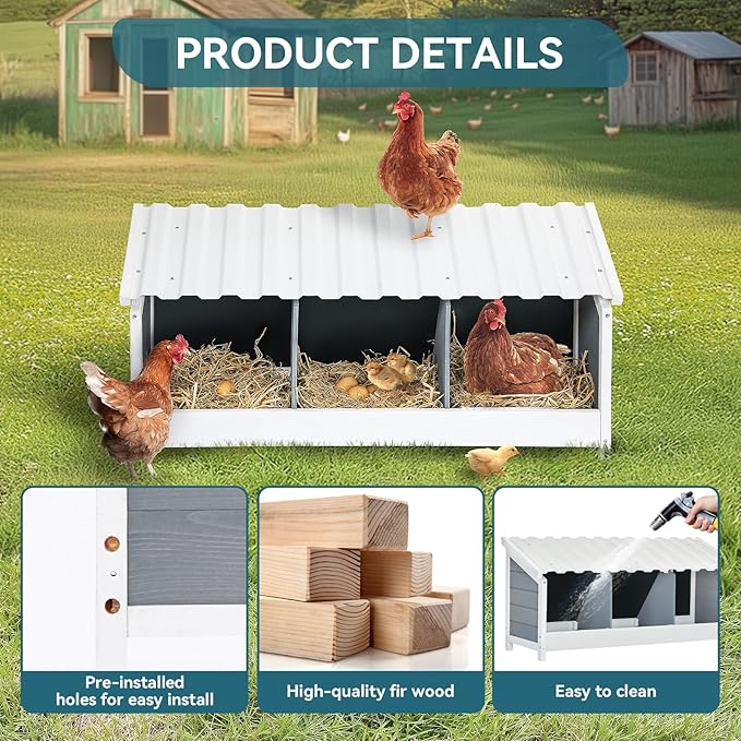 PETSFIT 3 Holes Chicken Nesting Box-All Weather PVC Roof, Natural Wood Design with Privacy Back Panel for Hens-Wall Mounted or Floor Use in Coops, Farms, Backyards,Easy to Assemble and Clean