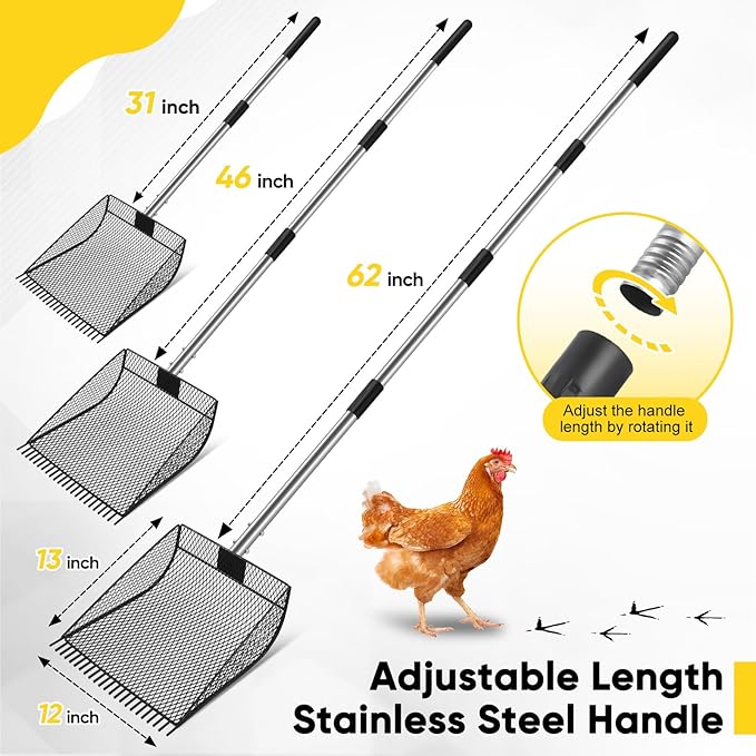 Upgraded 12-inch Chicken Poop Scooper Rake, Durable Metal Coop Scoop for Chicken with 24 to 68" Adjustable Stainless Steel Handle, Litter Scooper for Sand Sifting Shovel for Animals House