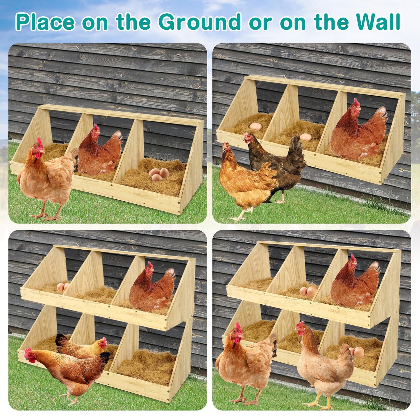 Chicken Nesting Boxes, 3 Compartment Wooden Chicken Laying Boxes, Nesting Boxes for Chickens, Hens, Ducks, Poultry Nest Box for Laying Eggs, (Includes 3 Fake Eggs, 3 Nest Box Pads)