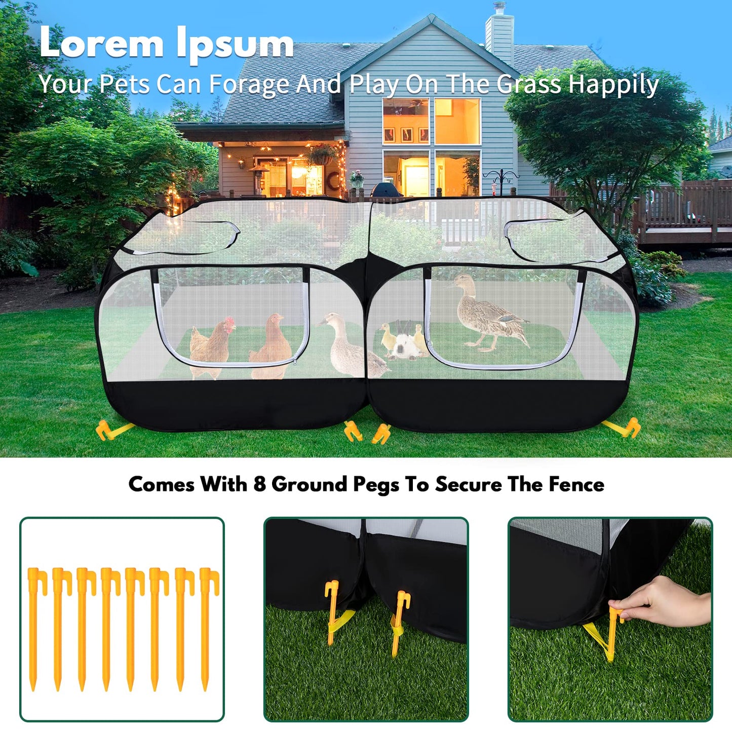 Small Animal Playpen, Portable Chicken Run Coop with Detachable Bottom and Breathable Mesh Walls, Foldable Pet Enclosure for Puppy Kitten Rabbits, Pet Tent Indoor Outdoor