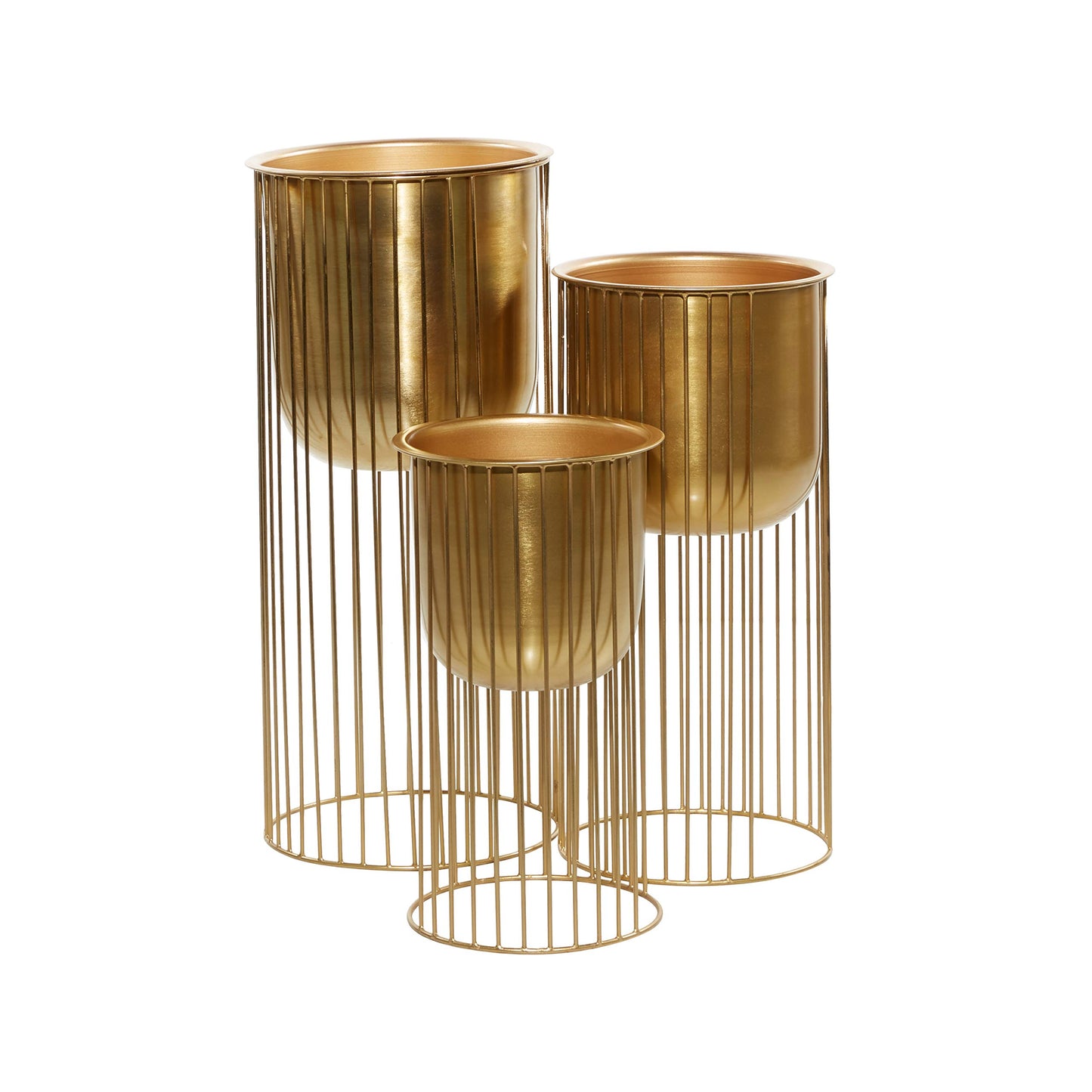 Deco 79 Metal Indoor Outdoor Planter Deep Recessed Dome Large Planter Pot with Elevated Caged Stand, Set of 3 Planters 24", 20", 16"H, Gold