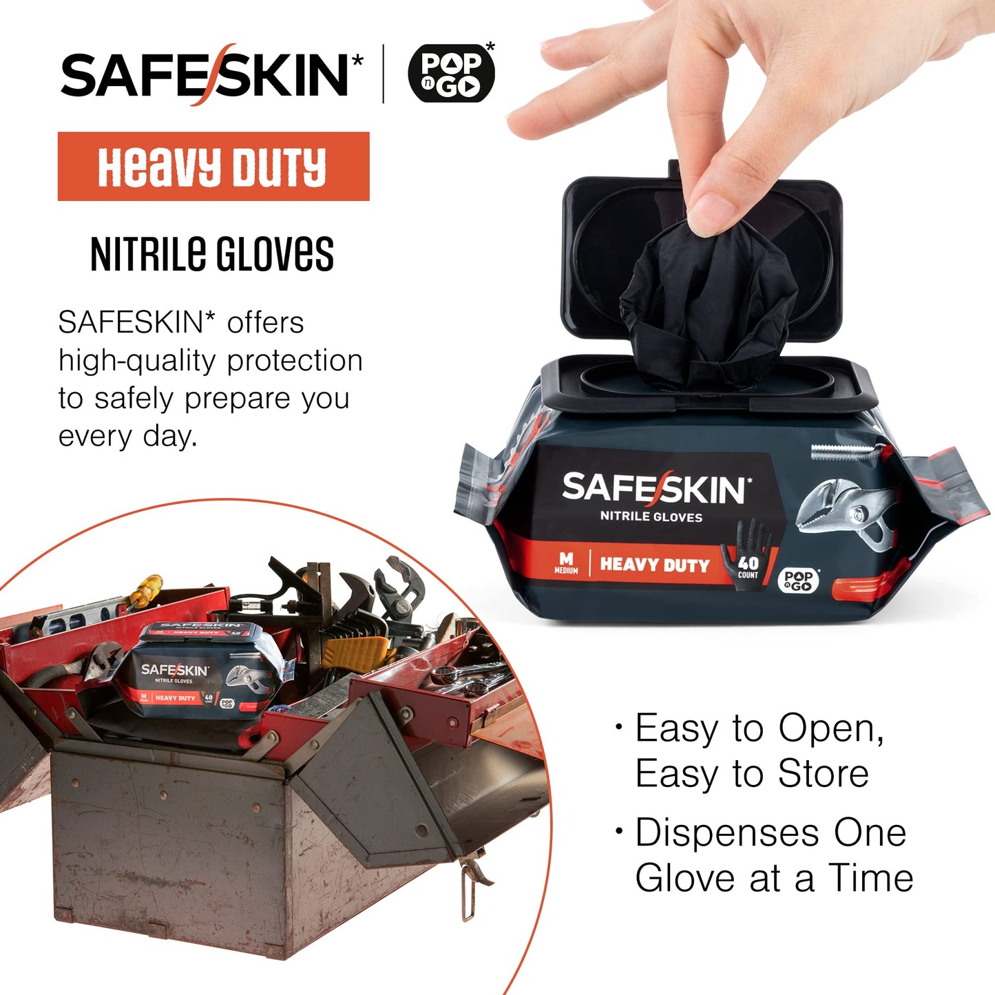 SAFESKIN* Nitrile Disposable Gloves POP-N-GO*, Heavy Duty, Powder-Free, Latex Free, Household, Plumbing, Gardening, Painting, Medium, 1600 Count