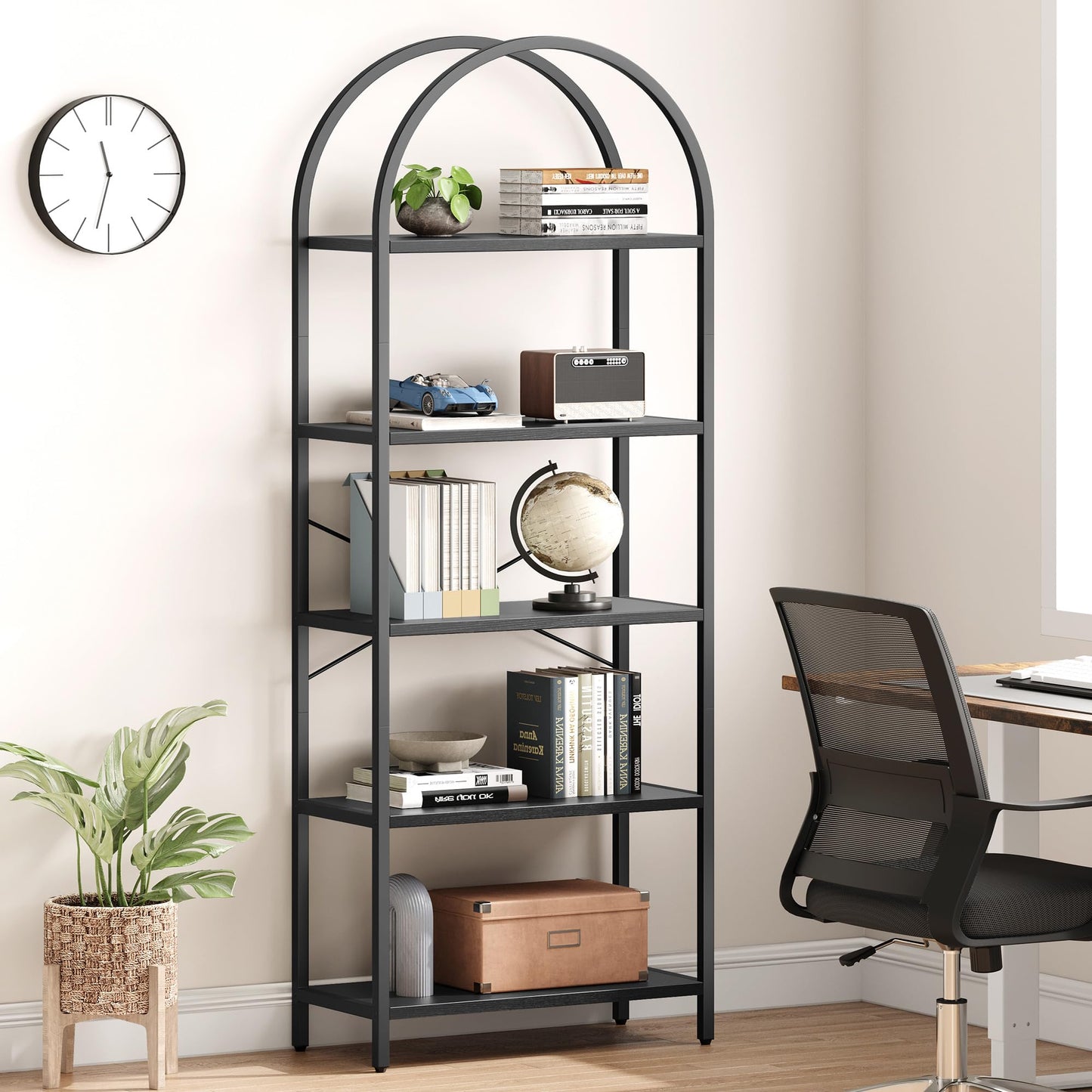 IDEALHOUSE Bookshelf 5 Tier Bookcase Arched Display Racks Tall Standing Bookshelves Metal Frame Open Storage Rack Shelf Large Black Book Shelf for Bedroom, Living Room, Home Office