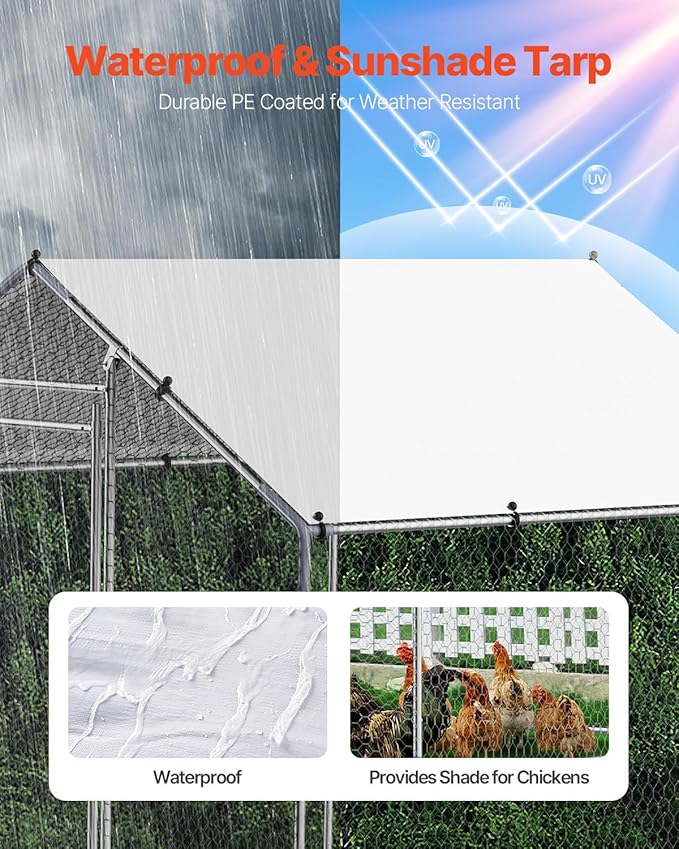 VEVOR Metal Chicken Coop, 6.56x6.56x6.56ft Walk in Chicken Runs for Yards with Cover, Spire Roof Hen House Enclosure with Security Lock, Outdoor Duck Rabbit Poultry Cage Pen for Backyard, Farm, Yard