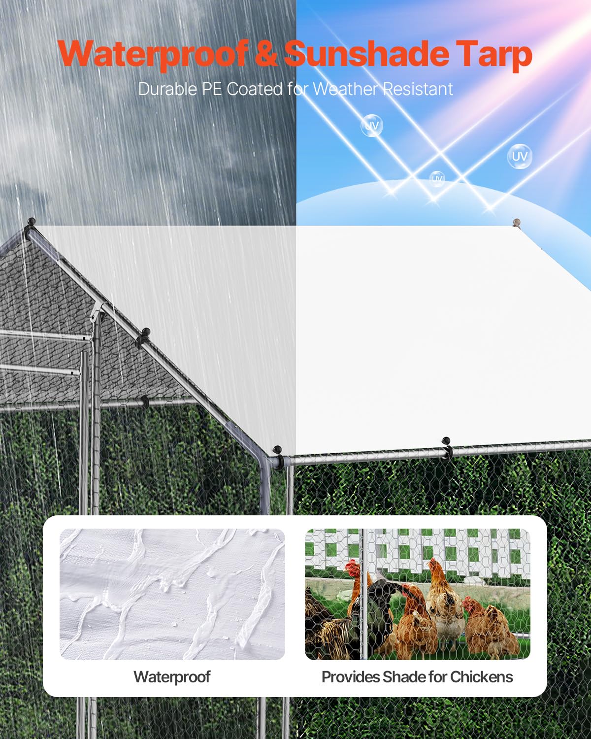 VEVOR Metal Chicken Coop, 6.56x6.56x6.56ft Walk in Chicken Runs for Yards with Cover, Spire Roof Hen House Enclosure with Security Lock, Outdoor Duck Rabbit Poultry Cage Pen for Backyard, Farm, Yard
