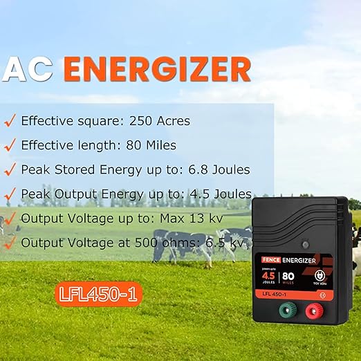 Electric Fence Charger AC Powered 80 Miles 250 Acres, 110 Volt 4.5 Joule Plug-in Electric Fence Energizer, Output Voltage Max 10 kV for Livestock, Preventing Predators from Intruding