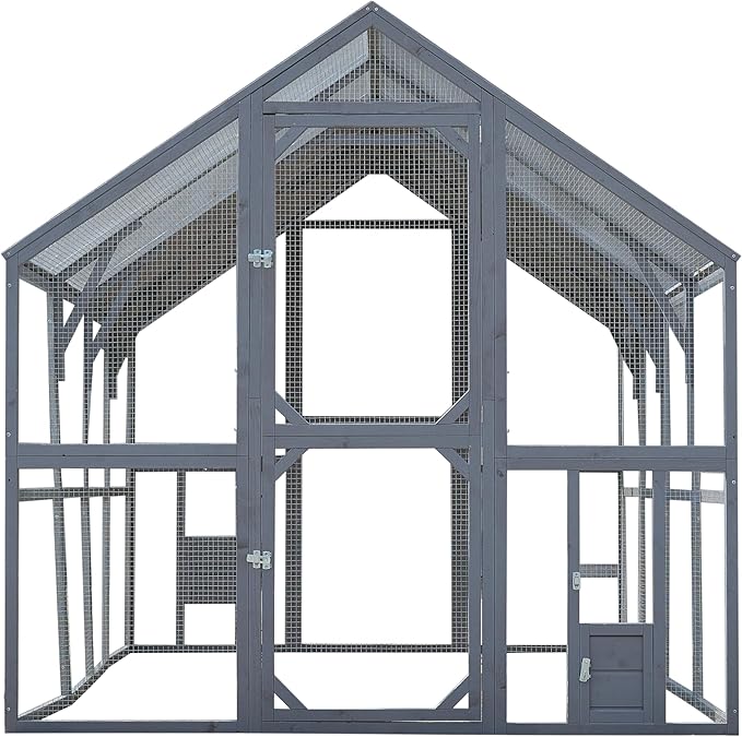 109.6'' Large Wood Chicken Coop Enclosures,Walk-in Poultry Cage, Chicken Run Pen Duck House with Waterproof and Anti-Ultraviolet Cover for Outdoor Farm Use Spire Roof, Grey