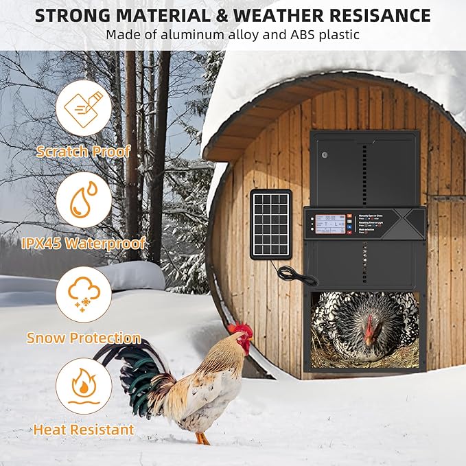 Automatic Chicken Coop Door, 4 Modes LCD Display Chicken Coop Door Solar Powered with Timer & Light Sensor, Aluminum Alloy Automatic Chicken Door with Anti-Pinch, IPX45 Waterproof