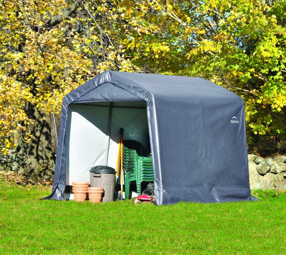 ShelterLogic 8' x 8' x 8' Shed-in-a-Box All Season Steel Metal Peak Roof Outdoor Storage Shed with Waterproof Cover and Heavy Duty Reusable Auger Anchors