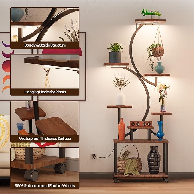 Plant Stand with Grow Light, 61" Grow Light Plant Stand Indoor, 8 Tiered Large Plant Light Stand, Plant Shelf with 4 Wheels, Lighted Decorative S-Shaped Flower Multiple Display Shelves for Home Office
