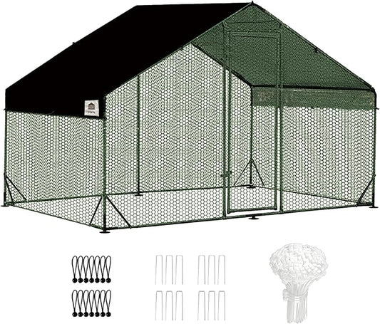 Chicken Coop Large Metal Chicken Run, Upgraded Anti-UV 180g/㎡ PE Cloth & 1.1mm Thickened PVC-Coated Hexagonal Chicken Wire Mesh & More Galvanized Steel Standpipes, Walk-in Chicken coop, 6.6×9.8×6.4FT