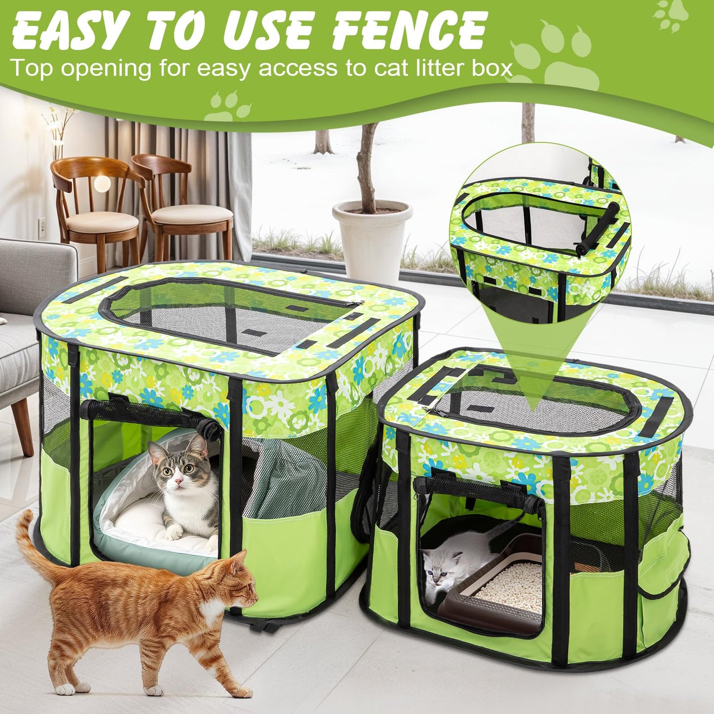Portable Cat Playpen with Separate Areas, Foldable Indoor Outdoor Cat Enclosure, Portable Pet Tent for Kittens and Small Animals, Collapsible Tent Kennel Cage House with Tent Pegs and Carry Bag