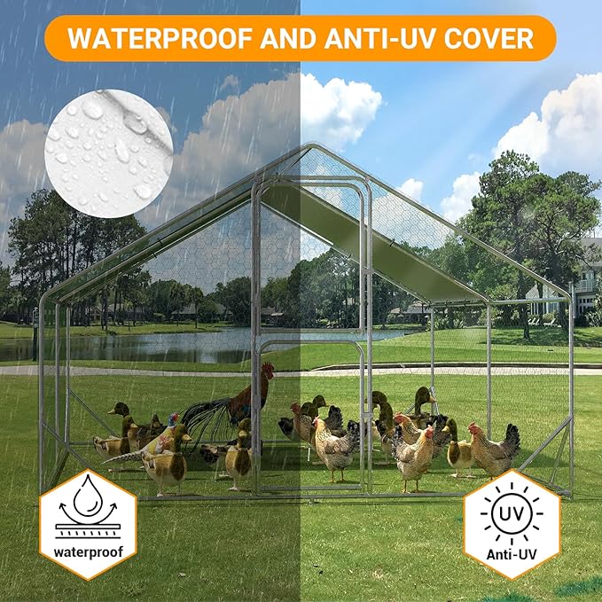 Chicken Runs for Yard with Cover, Large Metal Chicken Coop, 9.8x13.1x6.6FT Chicken Pen with Waterproof and Anti-UV Cover, Walk-in Poultry Cage for Yard Outdoor Duck Rabbit Cage