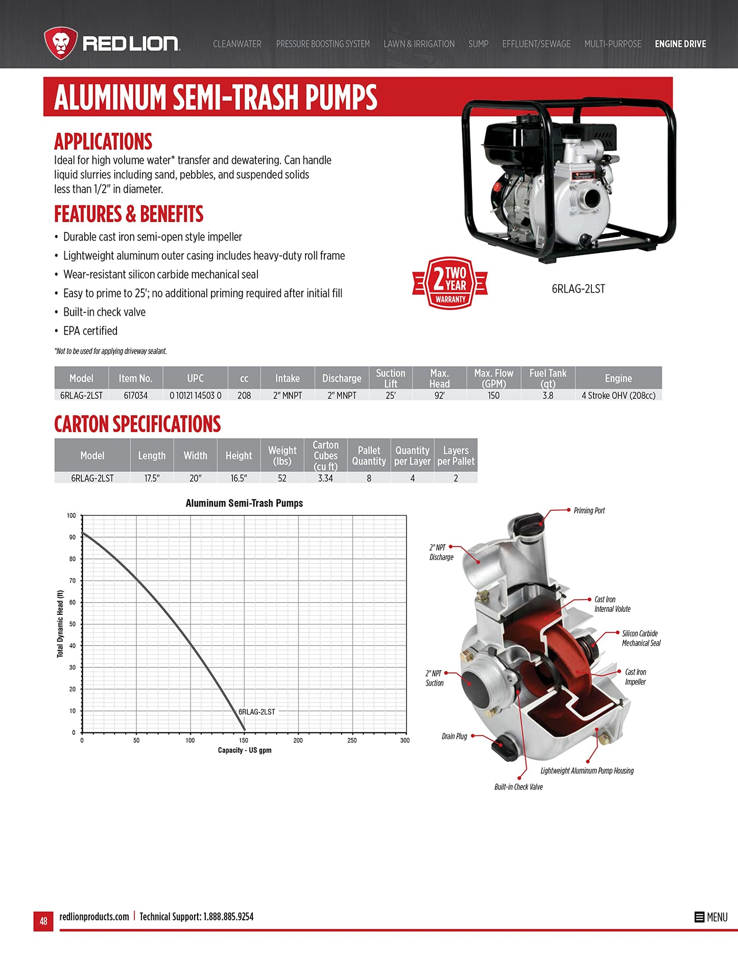 Red Lion 6RLAG-2LST 208cc, 150 GPM OHV Engine Driven Aluminum Semi-Trash Pump, 2-inch MNPT suction and discharge, Black, 617034