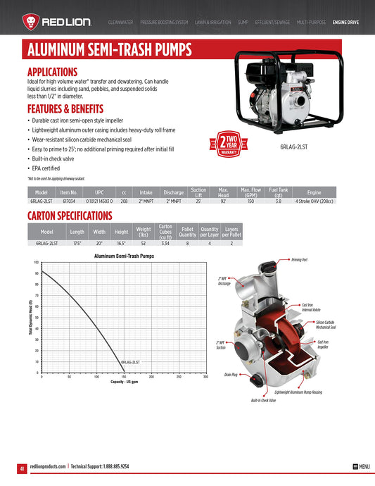 Red Lion 6RLAG-2LST 208cc, 150 GPM OHV Engine Driven Aluminum Semi-Trash Pump, 2-inch MNPT suction and discharge, Black, 617034