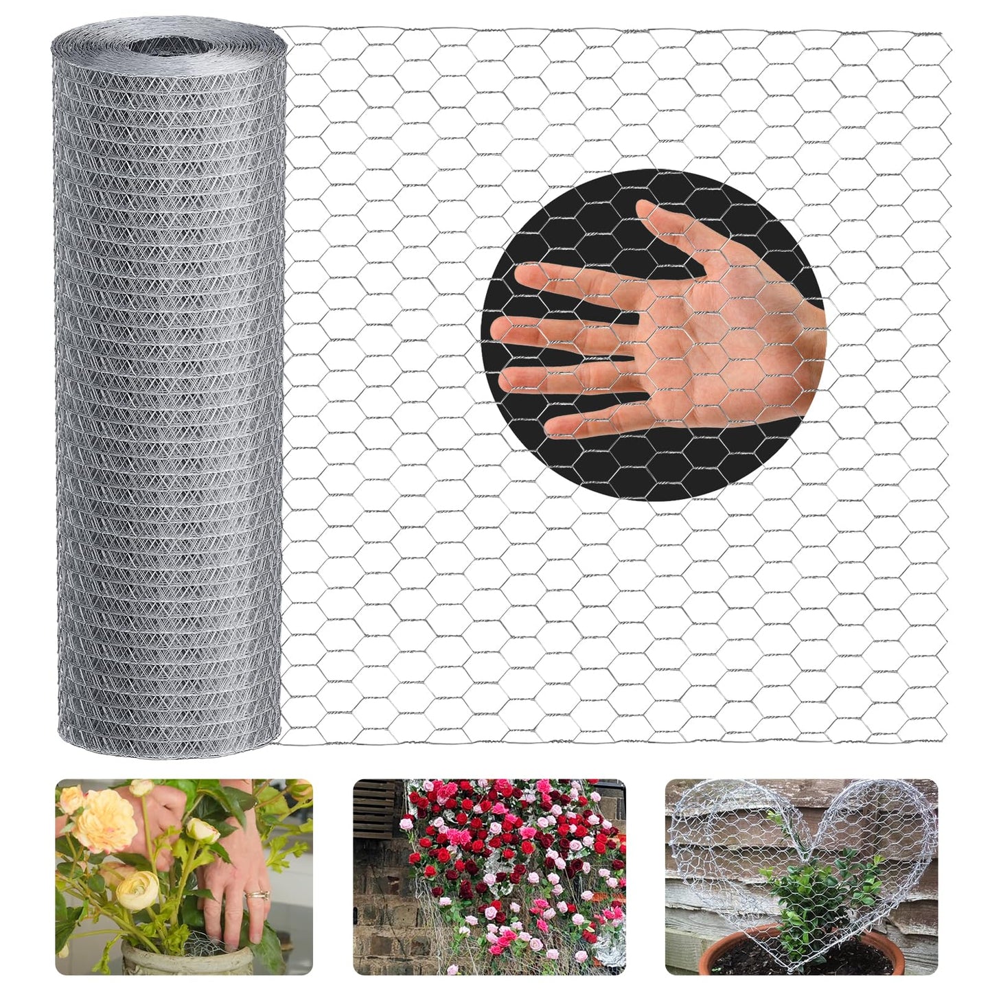 Lienffy Chicken Wire for Floral Arrangements, Garden Poultry Netting 18 × 240 Inch Hot-dip Galvanized 0.75in Hole Size Hexagonal Wire Garden Fence for Chicken Coop Barrier Rabbit Cage,Silver