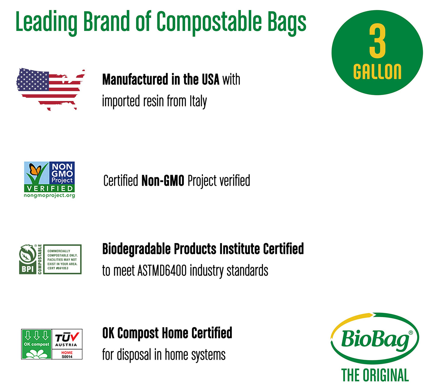 BioBag (USA), The Original Compostable Bag, 3 Gallon, 576 Total Count (12 Boxes of 48 Count), 100% Certified Compostable Kitchen Food Scrap Bags, Kitchen Compost Bin Compatible, Value Pack