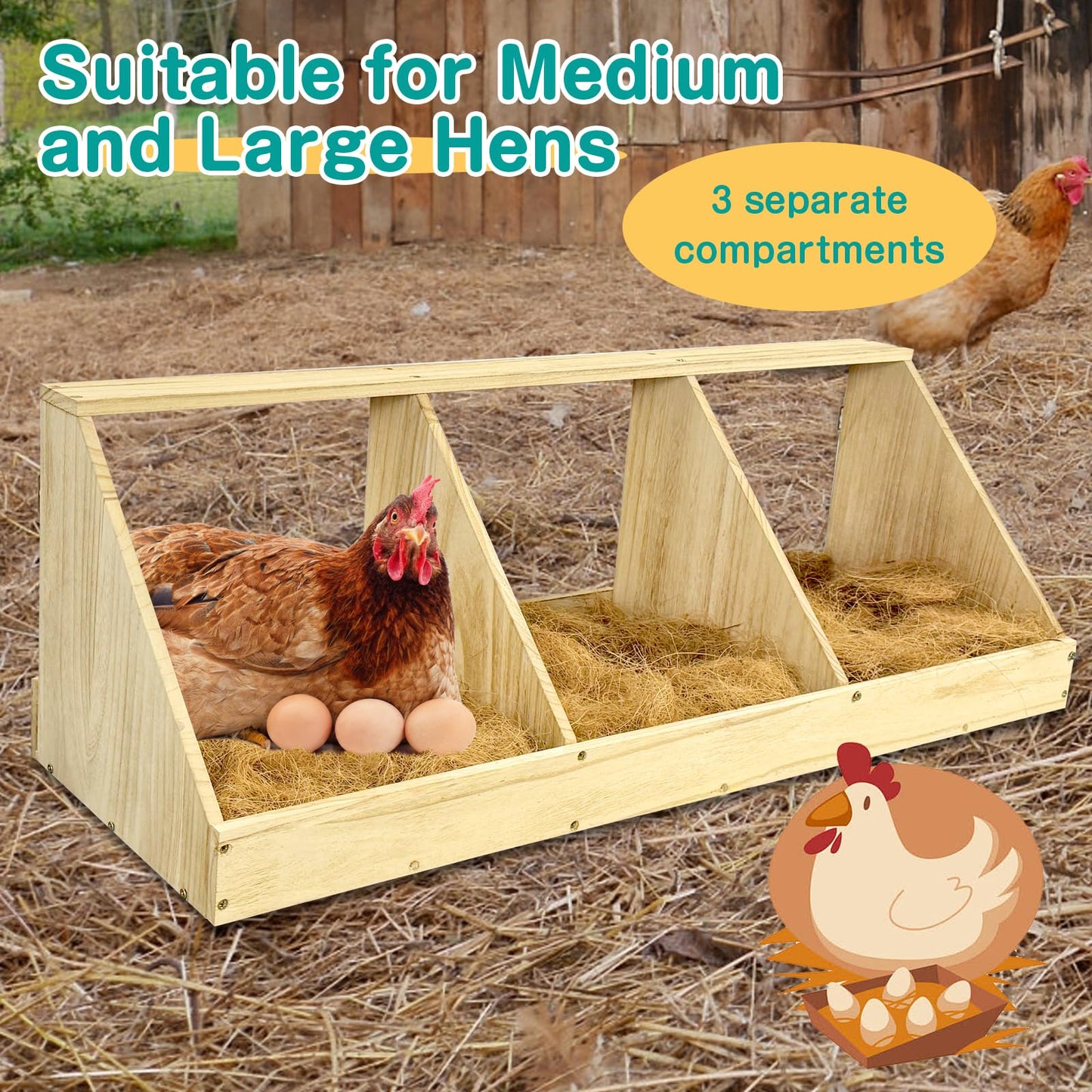 Chicken Nesting Boxes, 3 Compartment Wooden Chicken Laying Boxes, Nesting Boxes for Chickens, Hens, Ducks, Poultry Nest Box for Laying Eggs, (Includes 3 Fake Eggs, 3 Nest Box Pads)