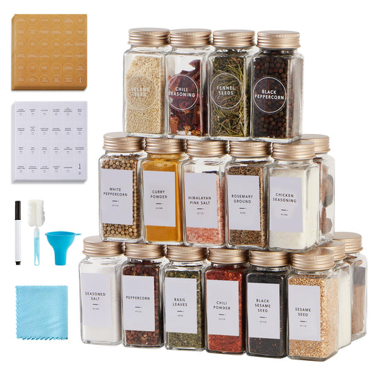 36 Pcs Spice Jars with Label- Glass Spice Jars with Gold Metal Caps,Shaker Lids, Funnel, Chalk Pen, Brush,Cleaning Cloth,Skiileor 4oz Seasoning Containers Bottles for Spice Rack, Cabinet, Drawer
