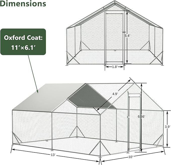 Large Chicken Coop,Metal Chicken Run for Yard with Door,Outdoor Galvanized Wire Poultry Chicken House with Waterproof and Anti-UV Cover,Duck Rabbit Cage (10' L x 13 W x 6.56' H)