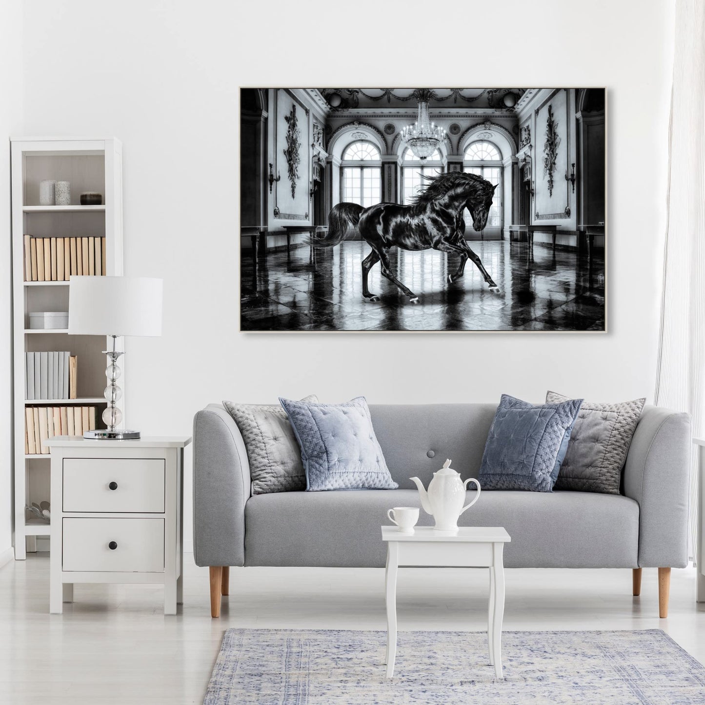Country Farmhouse Canvas Print Painting Animal Wall Art 'Elegant Black Ballroom Horse' Champagne Framed Canvas Rustic Home Décor 54x36 in Black, Gray by Oliver Gal