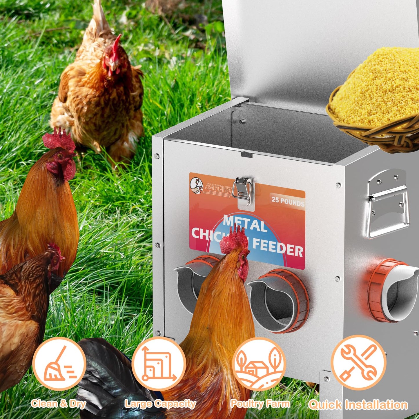 HAYOHRT Automatic Chicken Feeder No Waste 25 Pounds 4 Ports Metal Poultry Feeder with Latch & Handle for Chickens Bantams Pheasants Poultry Coop Weatherproof