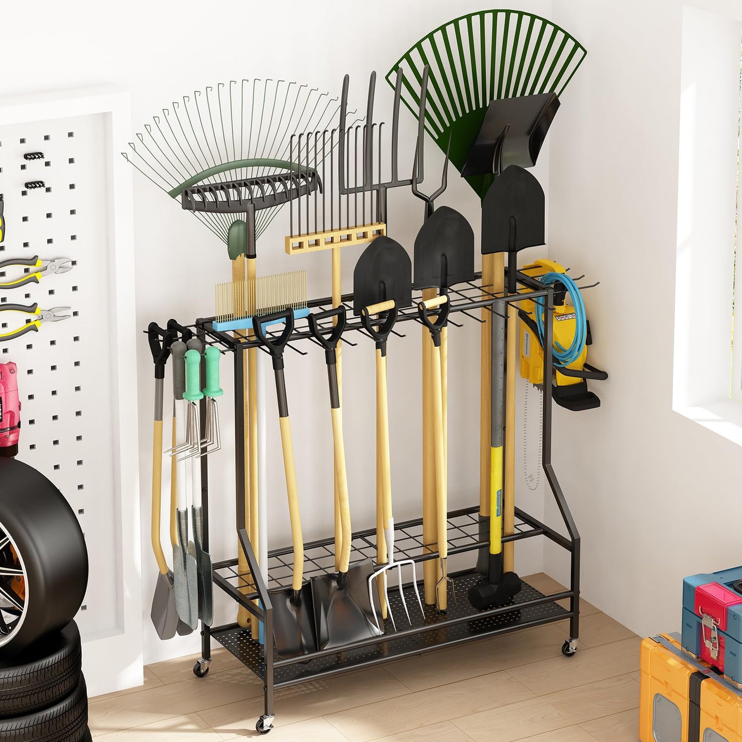 GILLAS Garden Tool Organizer for Garage, Utility Storage Racks with Hooks, Metal Yard Tool Stand Holder Organizer for Long-Handled, Broom, Shovel, Rake, Sturdy Heavy Rack for Outdoor, Yard, Black