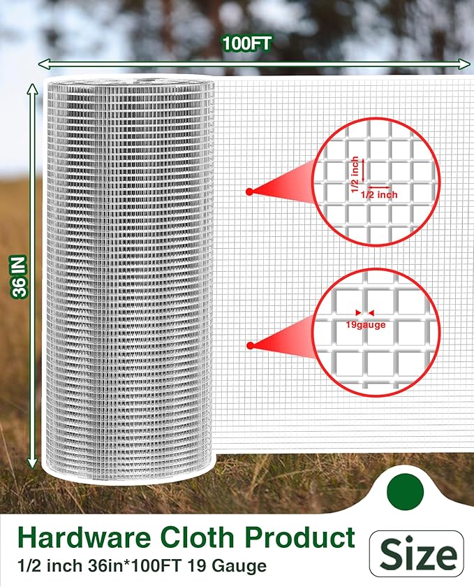 1/2" x 36" x 100FT Silver Hardware Cloth - Hot-Dip Galvanized Chicken Wire Fencing, 19 Gauge Welded Wire Mesh Roll for Chicken Coop, Rabbit, Snake, Deer Fencing and Garden/Tree Protection