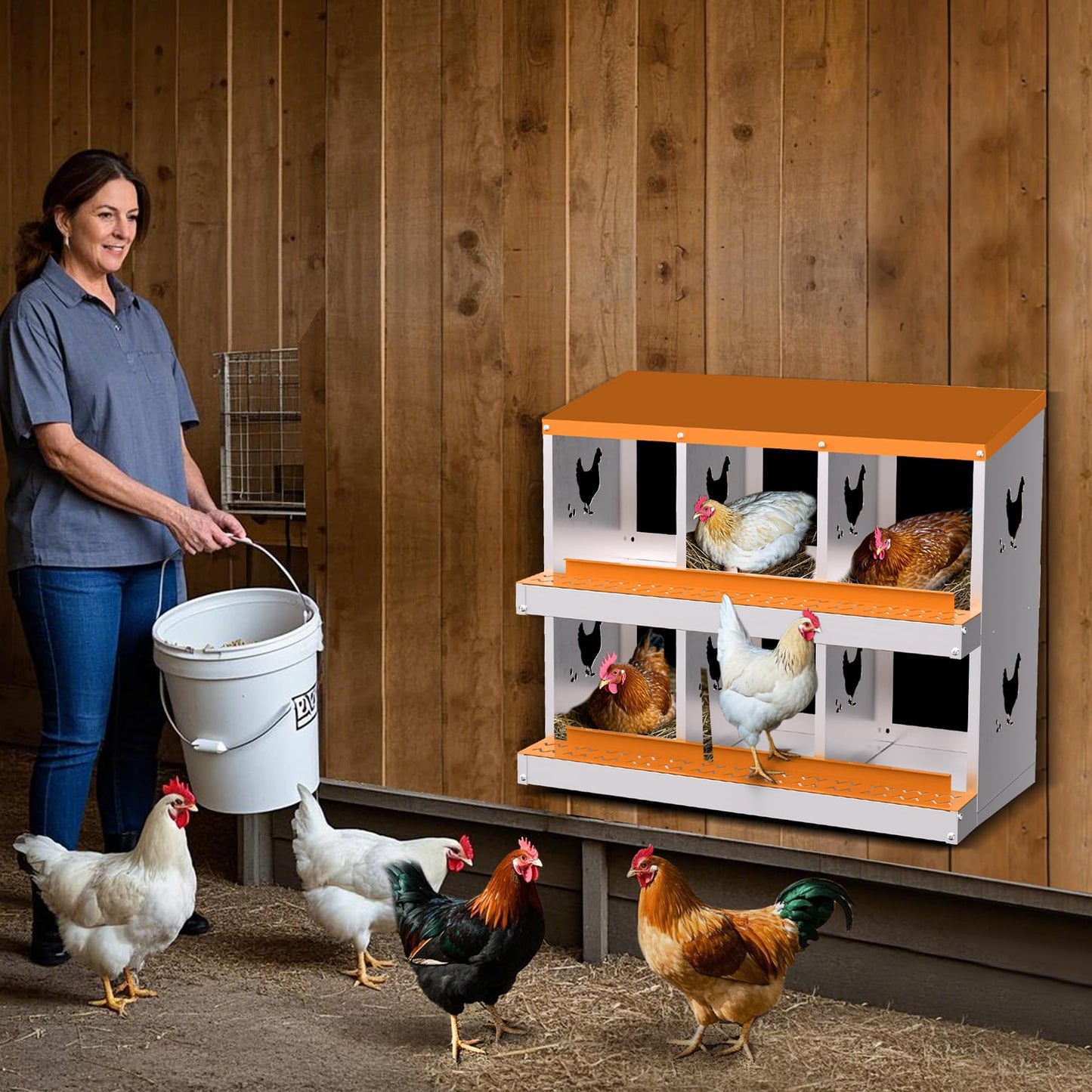 Chicken Nesting Boxes, 6-Hole Roll Away Nest Box for Chicken Coop, Metal Egg Laying Box with Perch & Lid Cover to Protect Eggs, Rollout Egg Collection, Vented Holes Orange