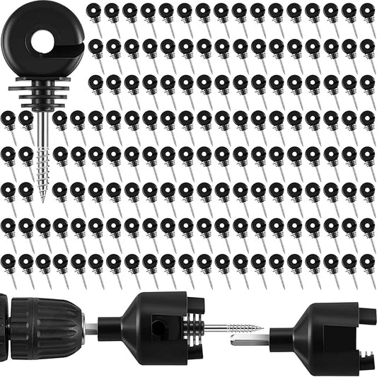 Sweetude 200 Pcs Electric Fence Insulator with 1 Pcs Insulator Socket Tool Screw in Ring Post Wood Post Electric Fence Ring with Socket Tool for Animal(Black)