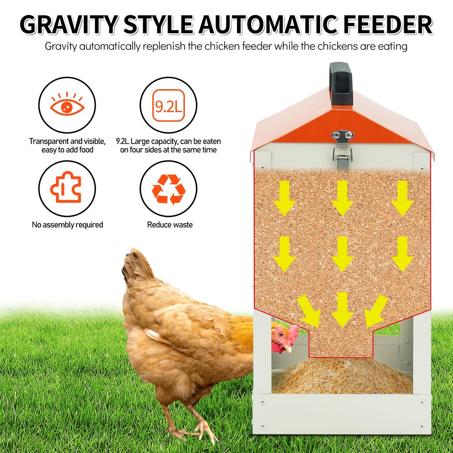 Galvanized Wall Mount Chicken Feeder No Waste Hanging Chicken Feeder with Lid Metal Automatic Poultry Feeder Trough Food Dispenser No Spill Mess Free for Chicken Duck Quail Geese Turkey