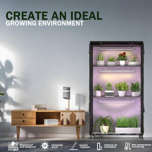 Zuwachs Indoor Greenhouse with Grow Lights, Plant Shelf, Black Tea PVC Cover - All-Weather Protection, 2 Tool Pockets, Zippered for Indoor Garden Kit, for Flowers Vegetables (36" L × 14" W × 63" H)