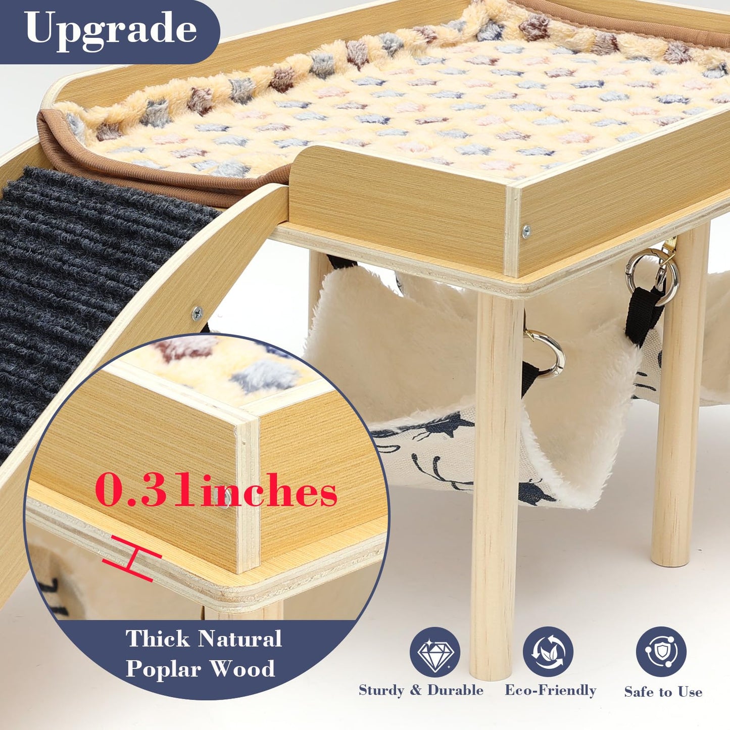GHWMYD Guinea Pig Hideout Castle, Wooden Chinchilla House with 2 Stairs and Hammock, Small Animals Habitats Hut Accessories for Hamsters Bunny Rabbit Hedgehog Playing Hiding, Easy Assembly