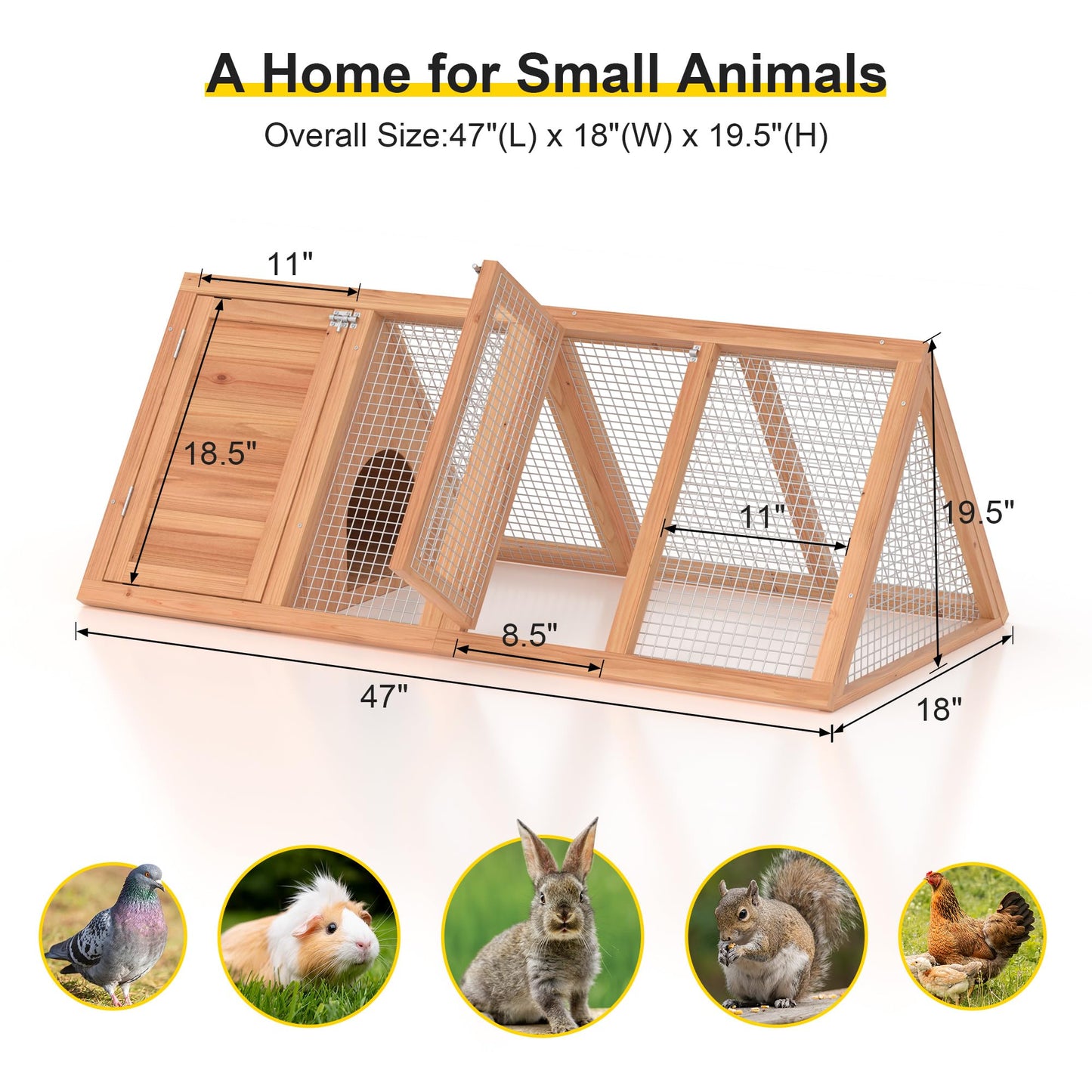 Kecreque Rabbit Hutch Outdoor Chicken Coop Run A-Frame Bunny Cage Wooden Quail Cage w/ 2 Door & Ventilated Wire Fence Small Animal Cage for Garden Backyard Farms 47 x 18 x 19.5 in