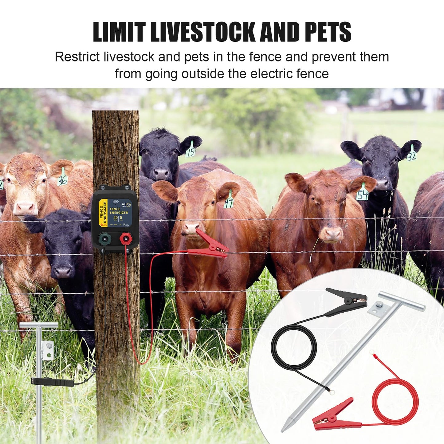 Electric Fence Wire - Grounding Rod for Solar Powered Energizers, Alligator Clip Lead Wire for Electric Fence Chargers, Ideal for Generator Use