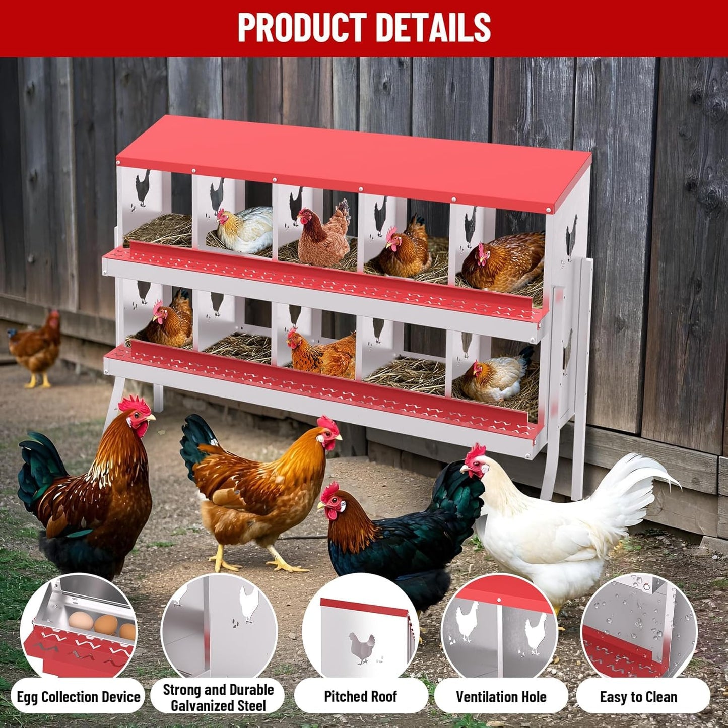 Chicken Nesting Boxes, 10-Hole Metal Nesting Box with Perch & Roll-Away Egg Design – Wall Mount or Freestanding Laying Box for Hens, Ducks, Quail (Heavy-Duty Galvanized Steel),Red. 1