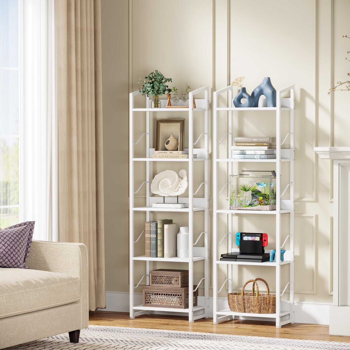 Hosfais Book Shelf Small Bookshelf: 5 Tier Wood Bookcase Industrial Bookshelf with Edge Protection Metal Narrow Bookcase Storage Organizer Display Rack for Bedroom Home Office, White
