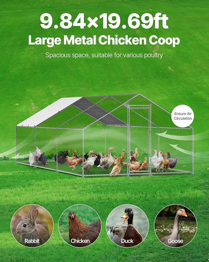 VEVOR Large Metal Chicken Coop, 19.7x9.8x6.5ft Walk-in Chicken Runs for Yard with Cover, Spire Roof Hen House with Security Lock for Outdoor and Backyard, Farm, Duck Rabbit Cage Poultry Pen