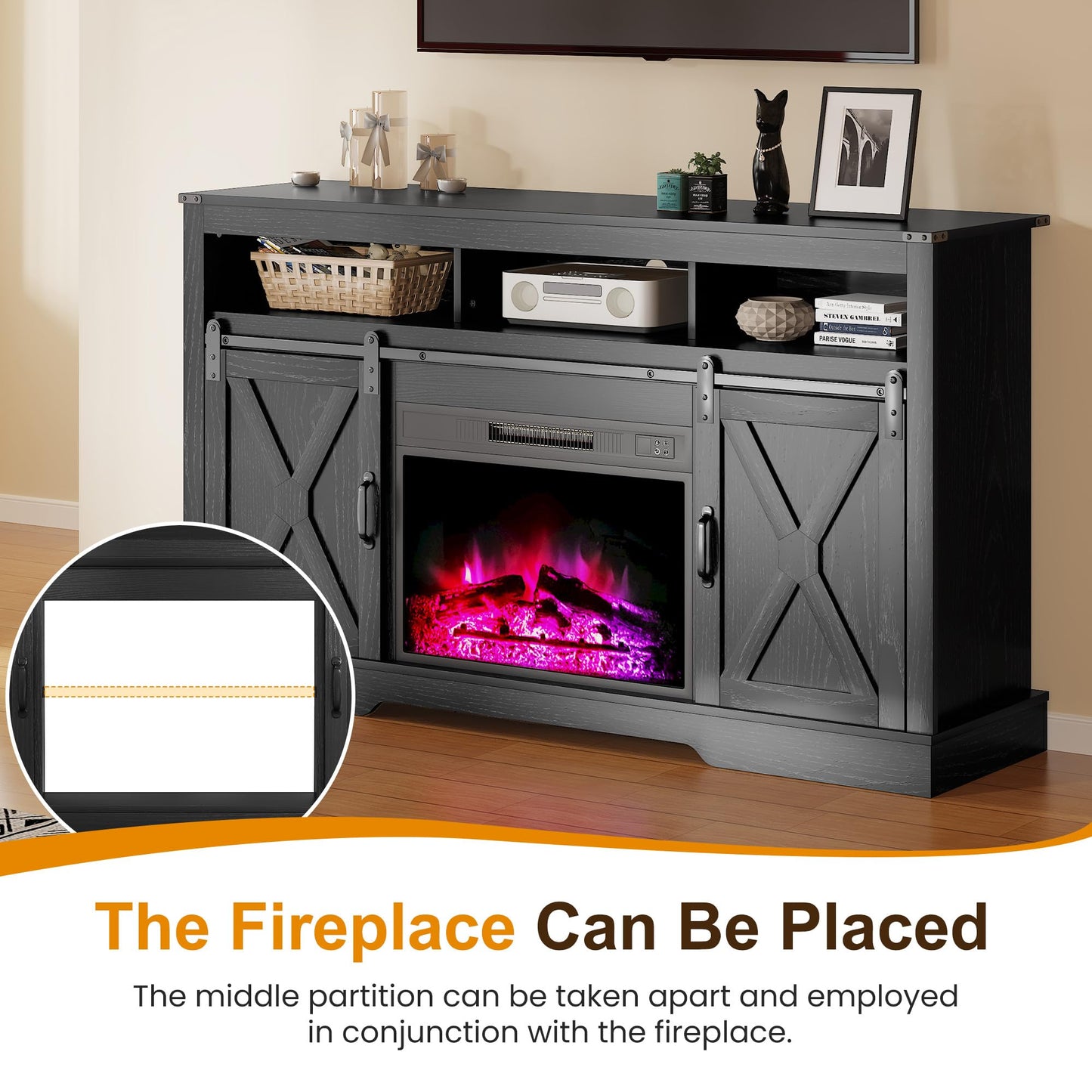 RoyalCraft Farmhouse Fireplace TV Stand for 65+ Inch TV, Entertainment Center with 23" Electric Fireplace with Remote, 34" Tall Modern Rustic TV Console with Sliding Bar Door for Living Room, Black