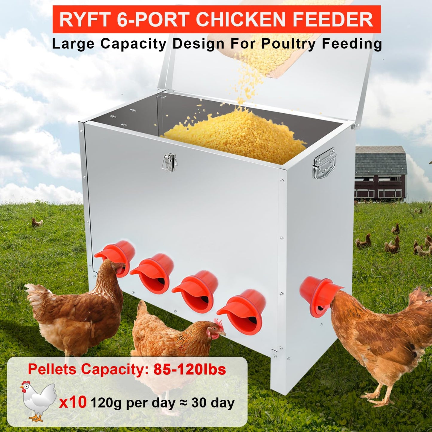 RYFT 85lbs Automatic Chicken Feeder Large Capacity, 6-Port Galvanized Metal Poultry Feeder for Chickens, Geese, Ducks, Turkeys, Quails