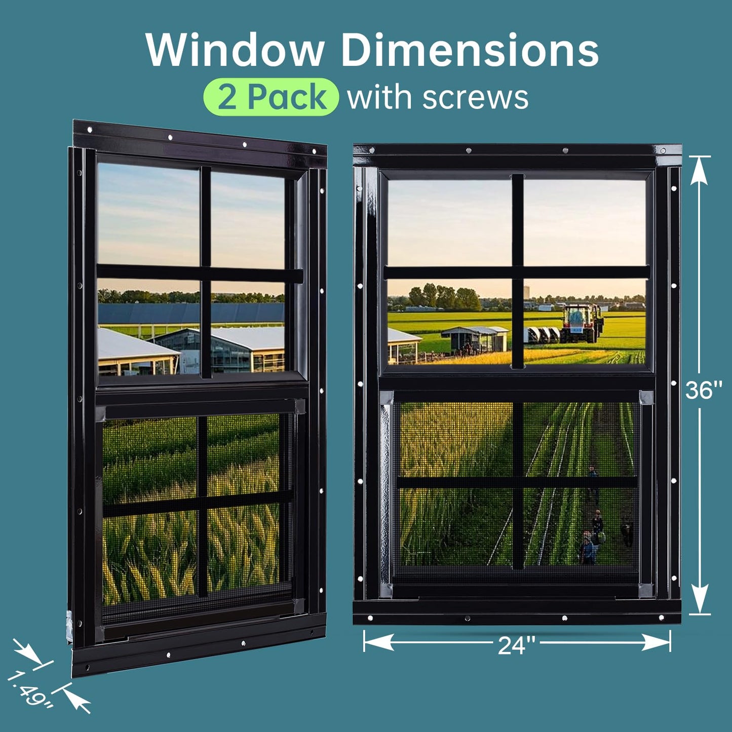 Melkus 2 Pack Shed Windows 24''x36'' Flush Mount Chicken Coop Windows with Tempered Glass and Screen, Sliding Windows for Chicken Coop, Shed, Garage, Playhouse, Barn,Greenhouse, Black