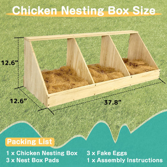 Chicken Nesting Boxes, 3 Compartment Wooden Chicken Laying Boxes, Nesting Boxes for Chickens, Hens, Ducks, Poultry Nest Box for Laying Eggs, (Includes 3 Fake Eggs, 3 Nest Box Pads)