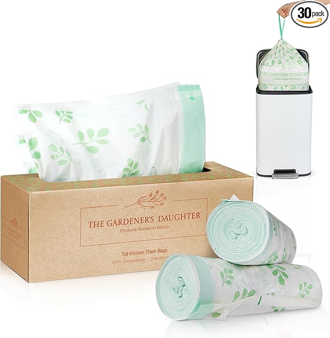 13 Gallon Compostable Trash Bags – Extra Strong, Drawstring Kitchen Bags (30 Count, White) | Leak-Proof, BPI & TUV Certified, Home Compostable – Evergreen by The Gardener's Daughter